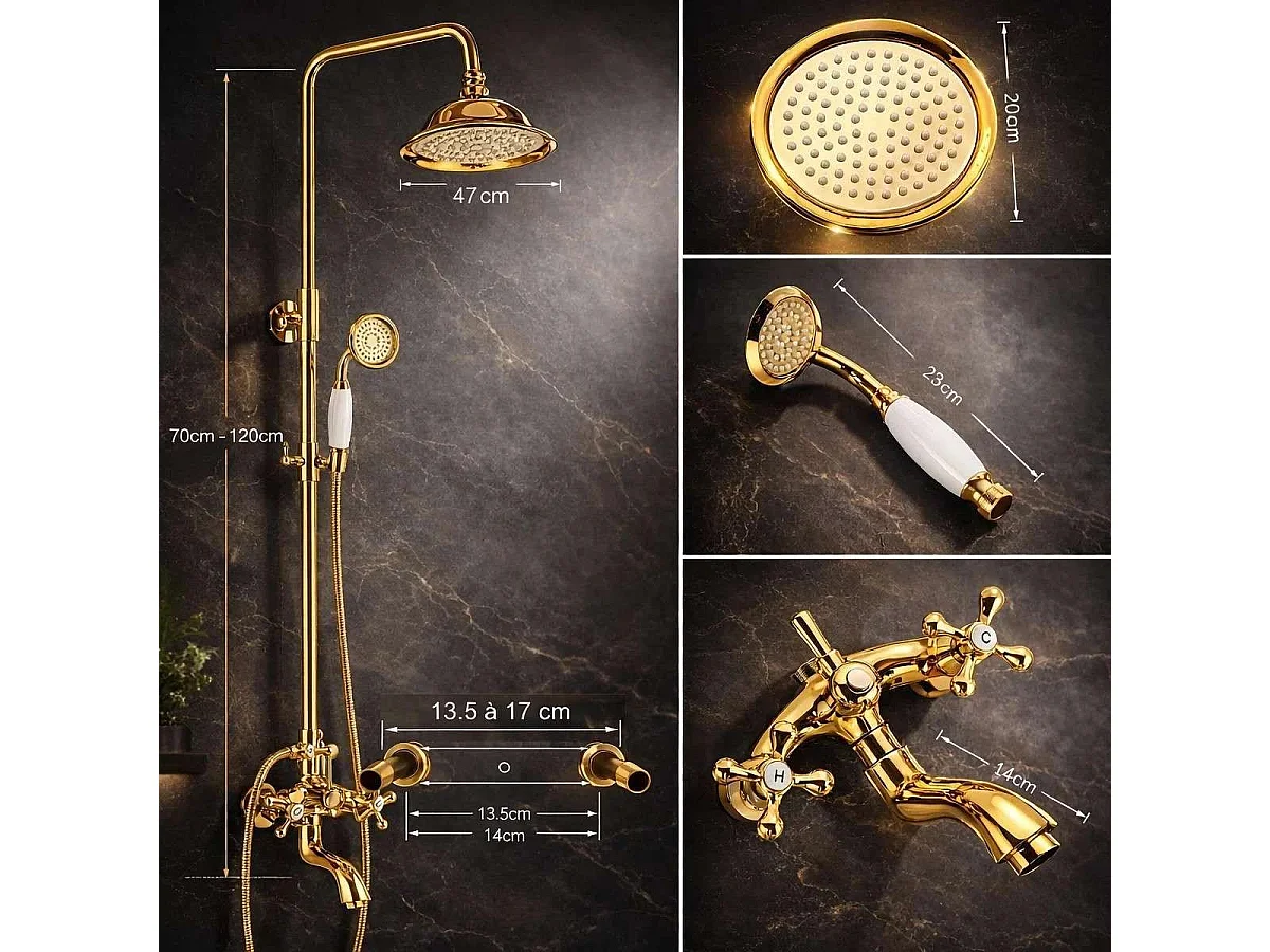 Columna de Ducha Estilo Retro Dorada con Altura Ajustable y Cabezal de Ducha y Ducha Manual de Acero Inoxidable