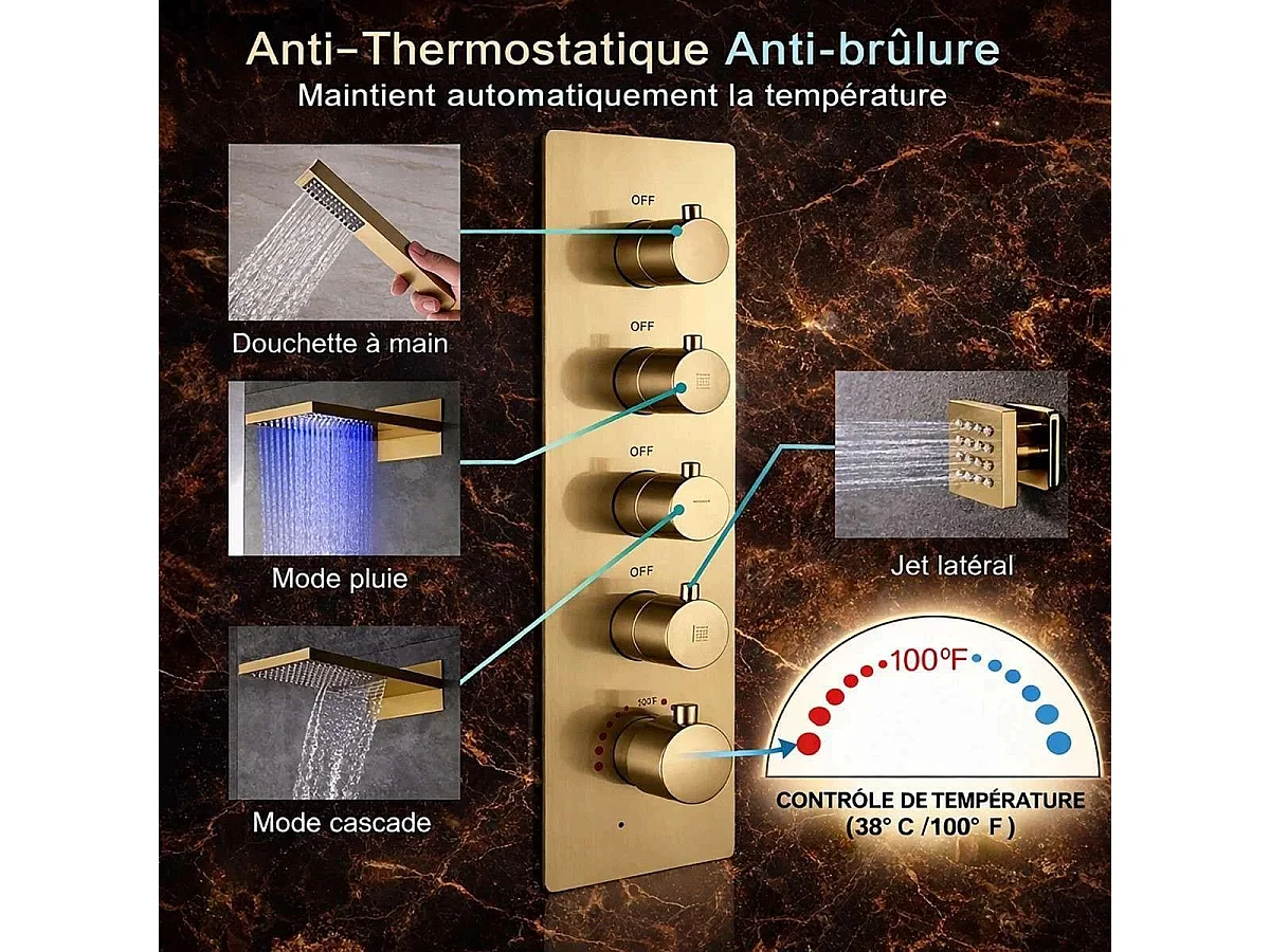 LED Thermostatisches Wandmontiertes Regenduschkopf - Gebürstetes Gold | Mailand