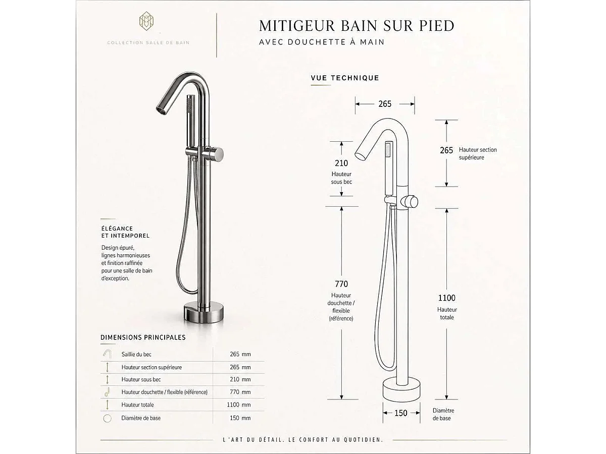 Robinet mitigeur de baignoire sur pied ilot chrome, cuba