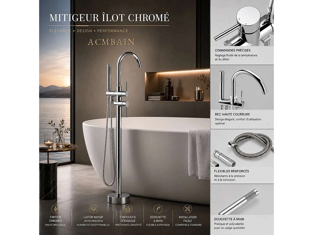 Robinet mitigeur de baignoire au sol chrome, Lactis
