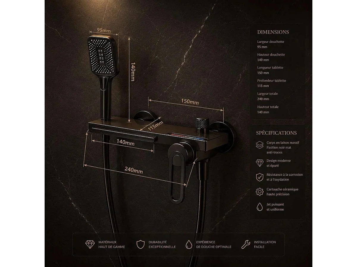 Zwarte Wandgemonteerde Badmengkraan Tito met Waterval Functie en Handdouche