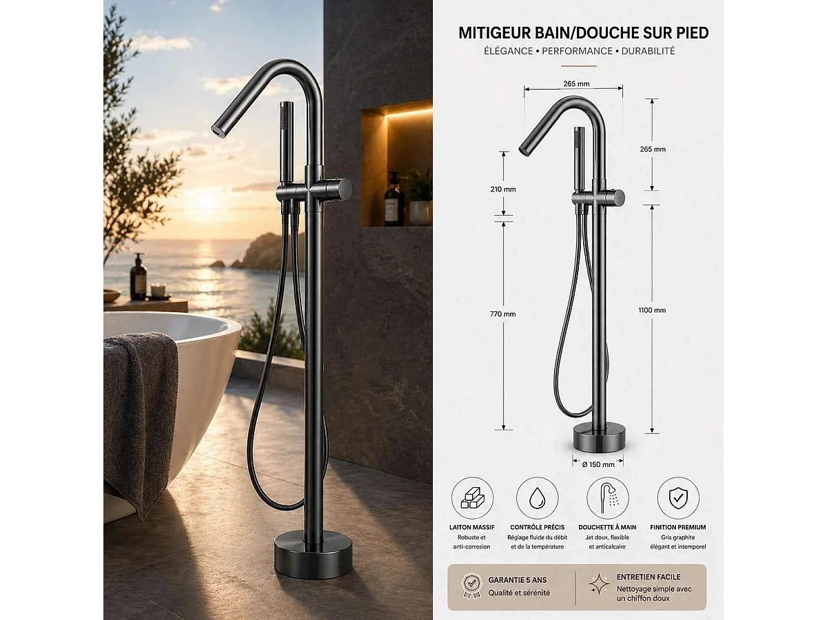 Modern Gun Metal Fristående Badkar Blandare Murcie 1150mm Höjd