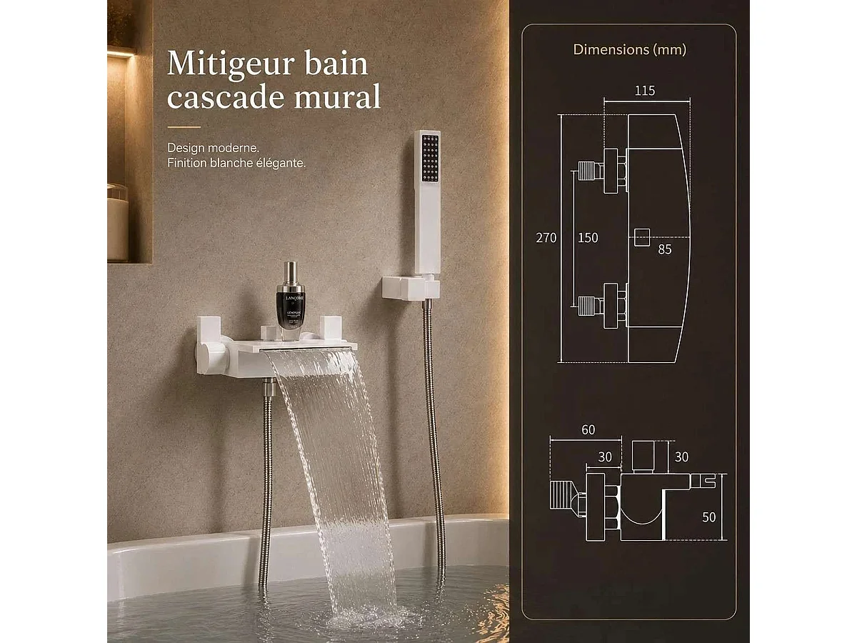 Modern vit väggmonterad badblandare med kaskadfunktion och 18 cm vattenblad