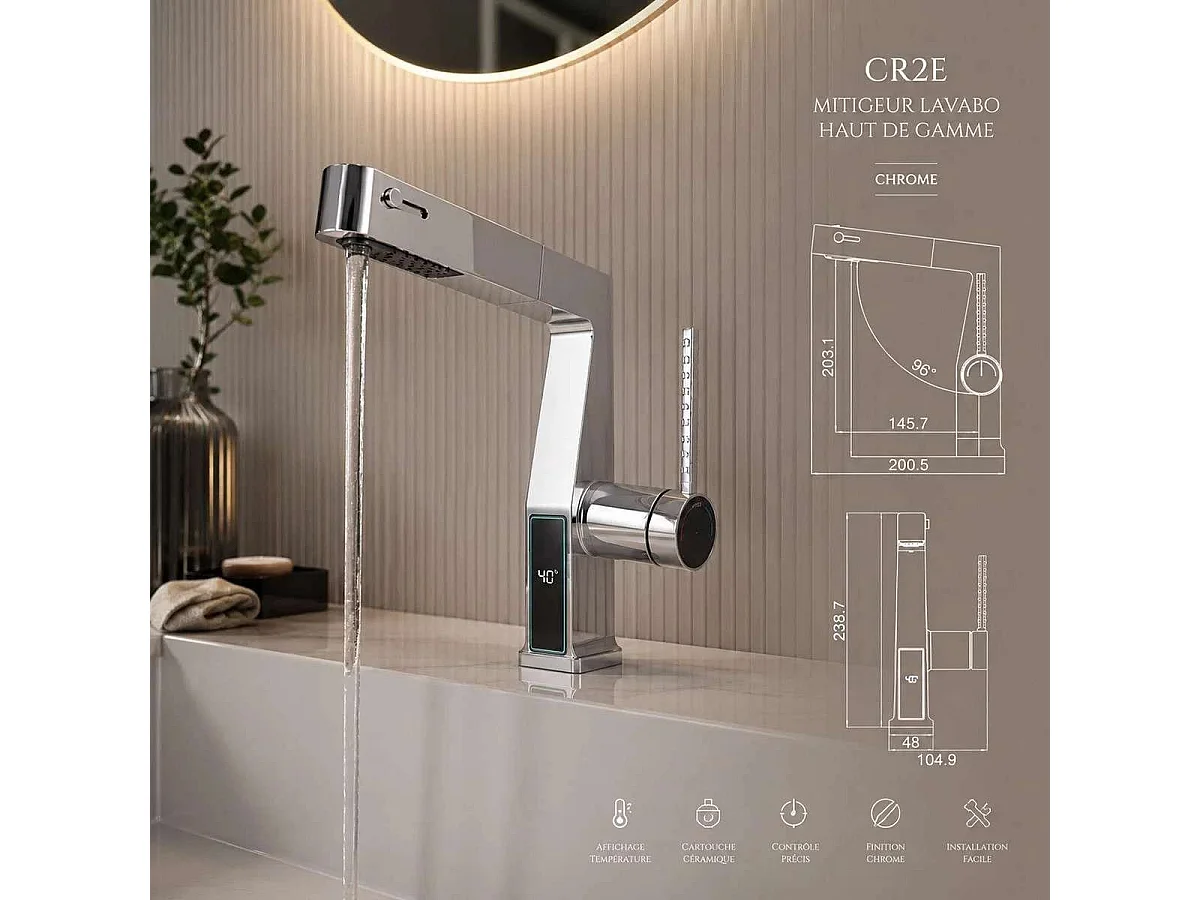 Mitigeur led de lavabo chrome, Brunus