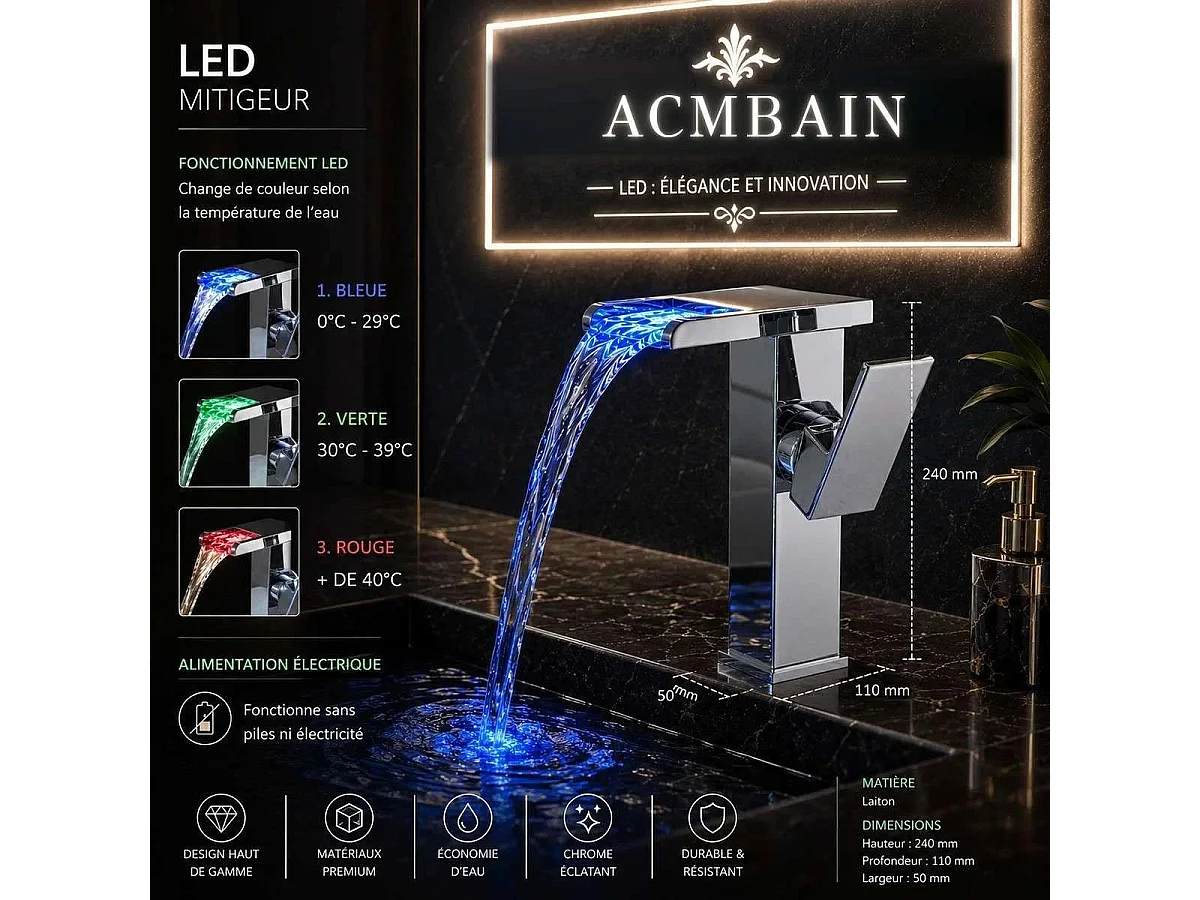 Robinet mitigeur lavabo led chrome, Proton