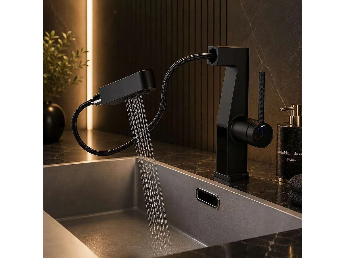 Moderne Zwarte LED Wastafelkraan met Uittrekbare Handdouche - Thorn