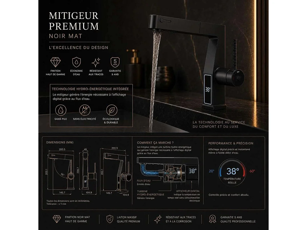 Moderne Zwarte LED Wastafelkraan met Uittrekbare Handdouche - Thorn