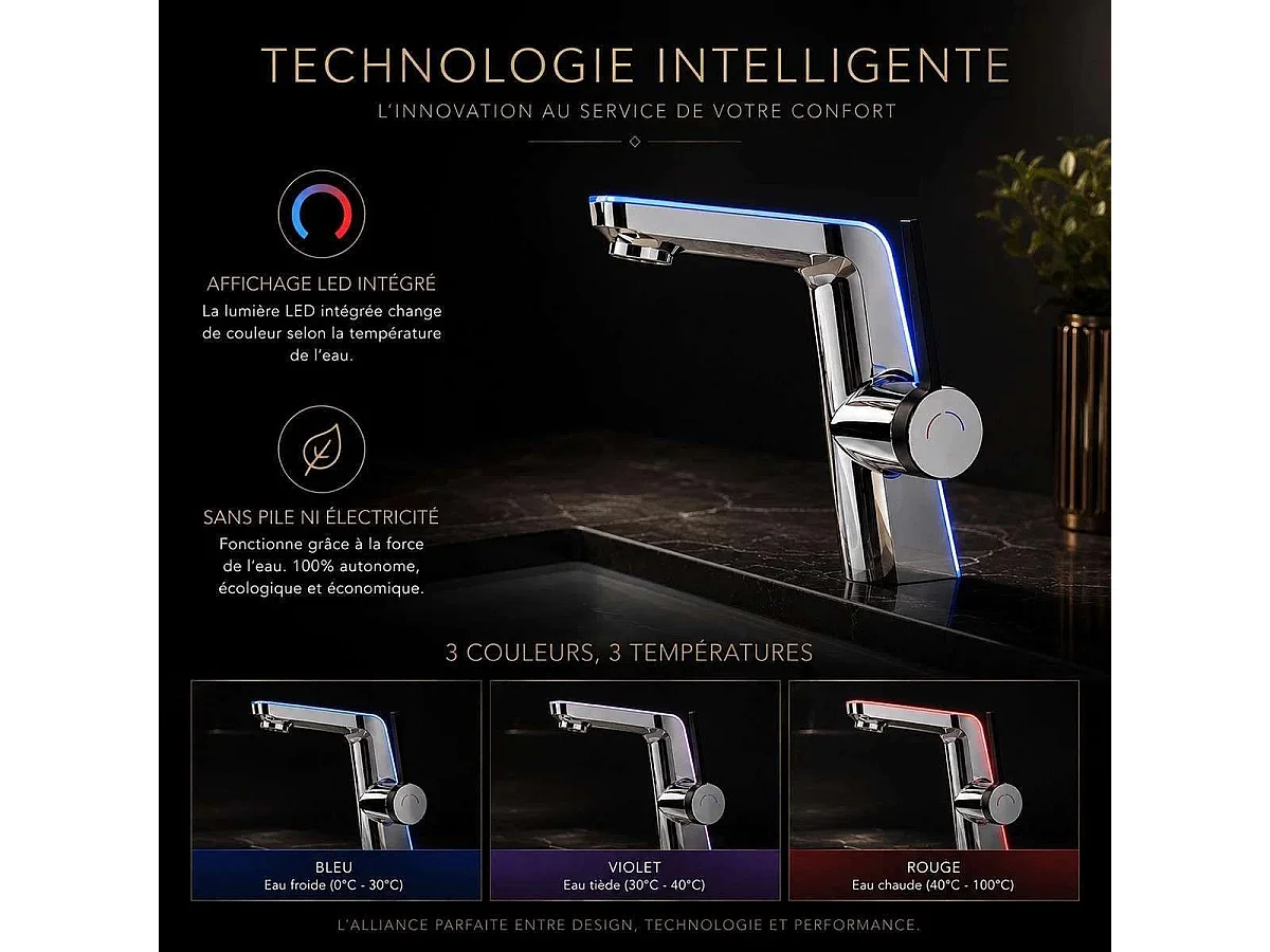 Robinet mitigeur vasque led chrome, Noche