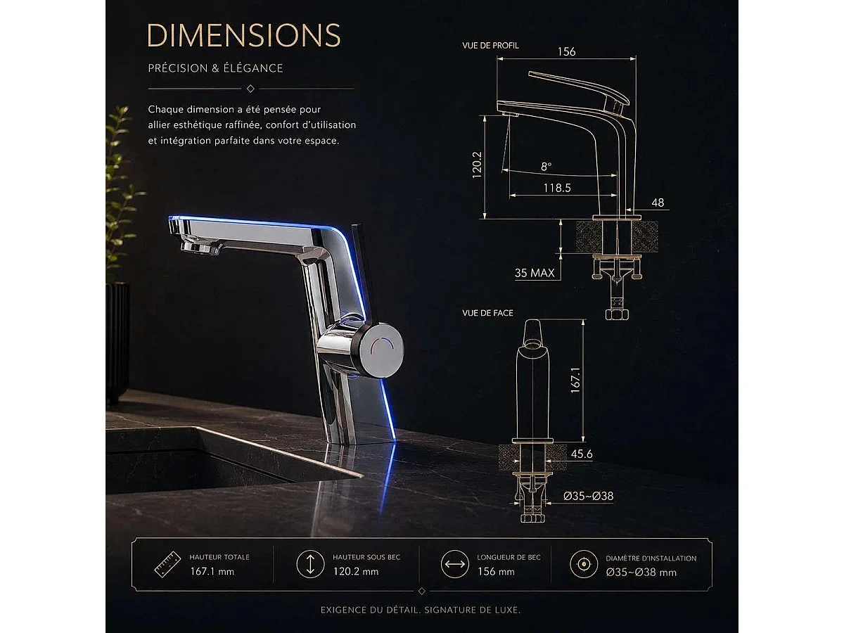 Robinet mitigeur vasque led chrome, Noche