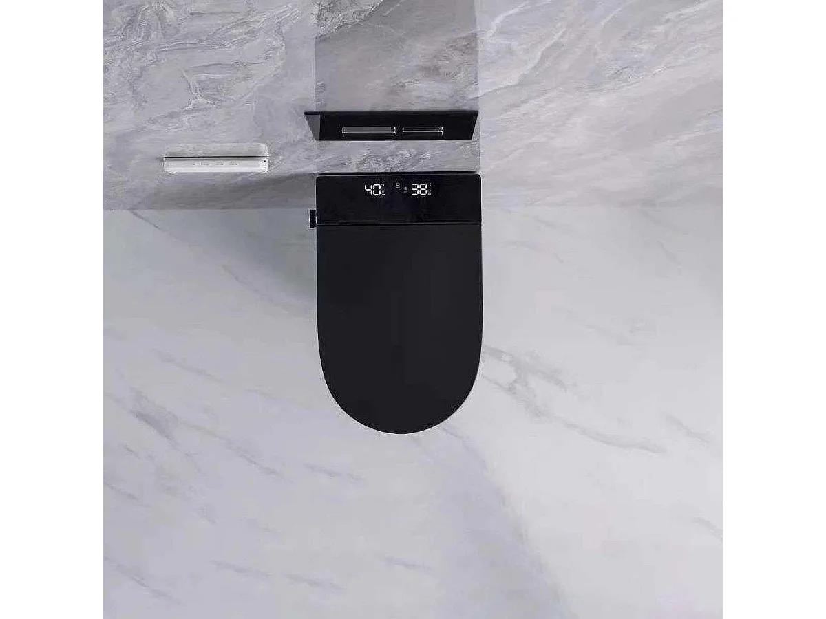 Zwarte wandhangend randloze Japanse toilet met verwarmde zitting en directe waterverwarmer
