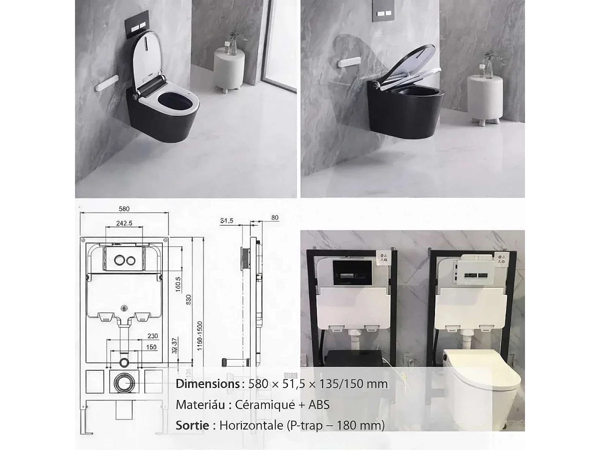 Zwarte wandhangend randloze Japanse toilet met verwarmde zitting en directe waterverwarmer