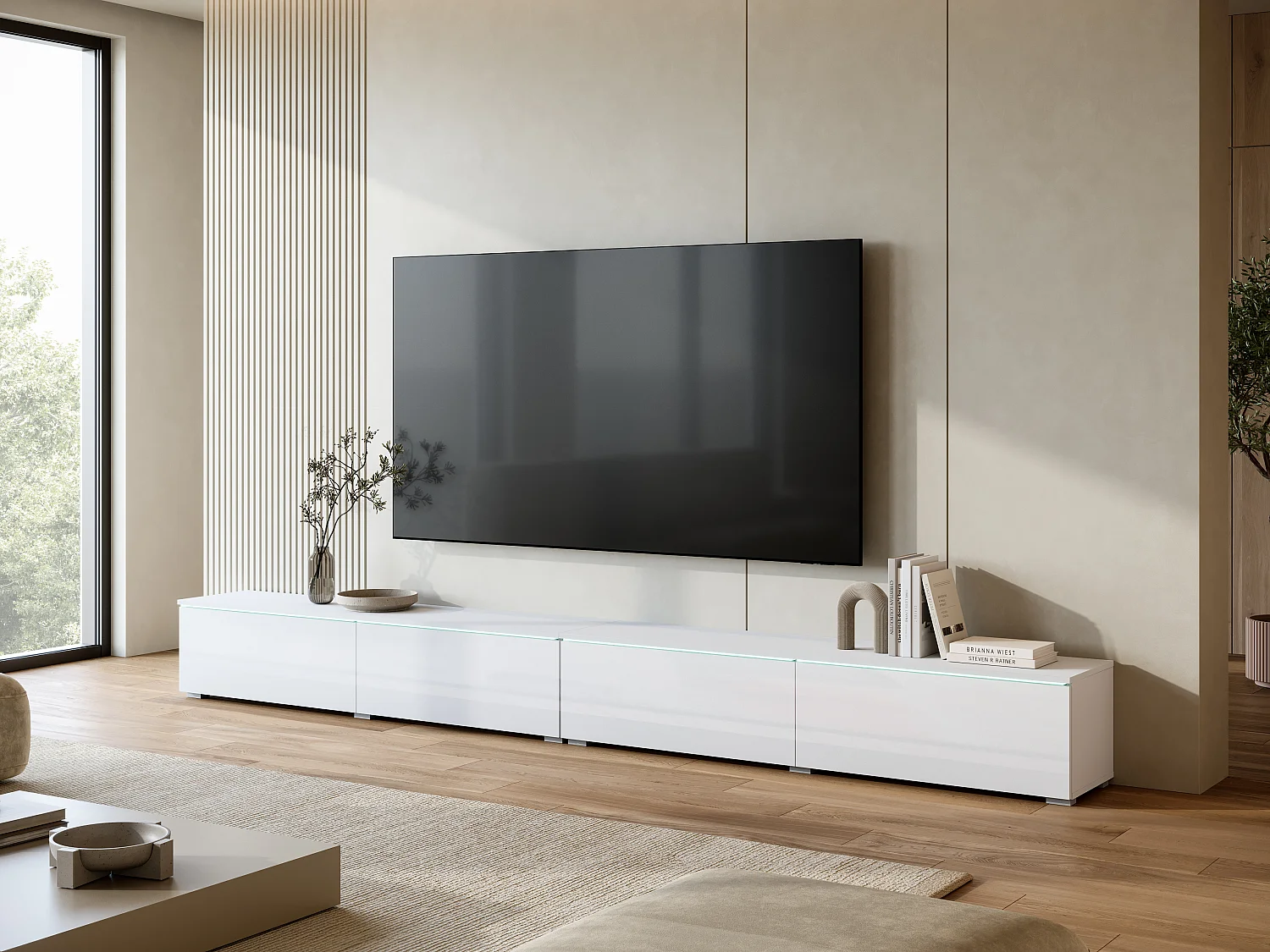 Modernes TV-Lowboard 300 cm mit Beleuchtung Weiß/Weiß Hochglanz