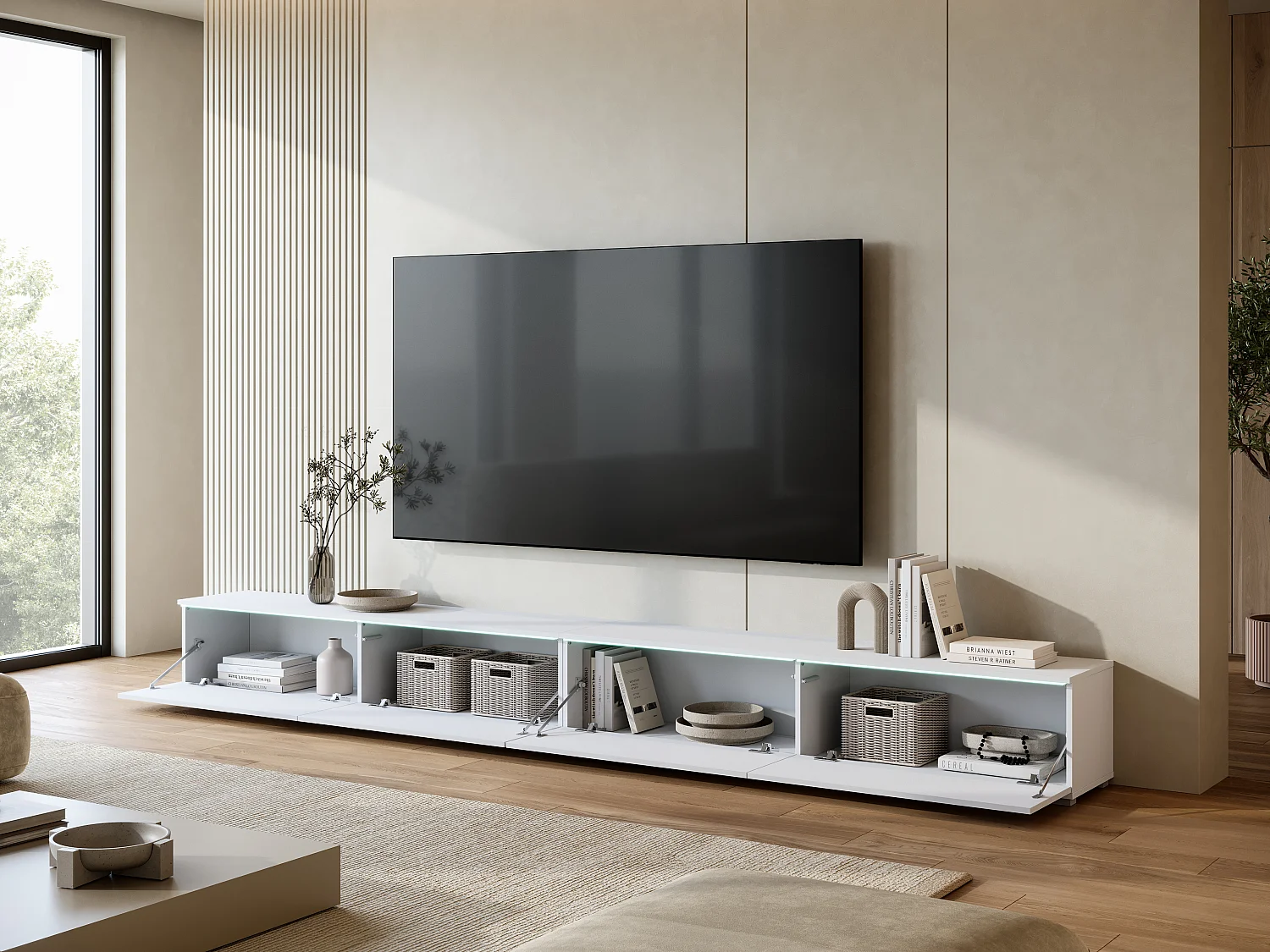 Modernes TV-Lowboard 300 cm mit Beleuchtung Weiß/Weiß Hochglanz
