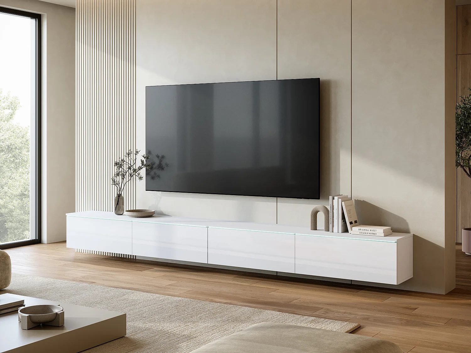 Modernes TV-Lowboard 300 cm mit Beleuchtung Weiß/Weiß Hochglanz