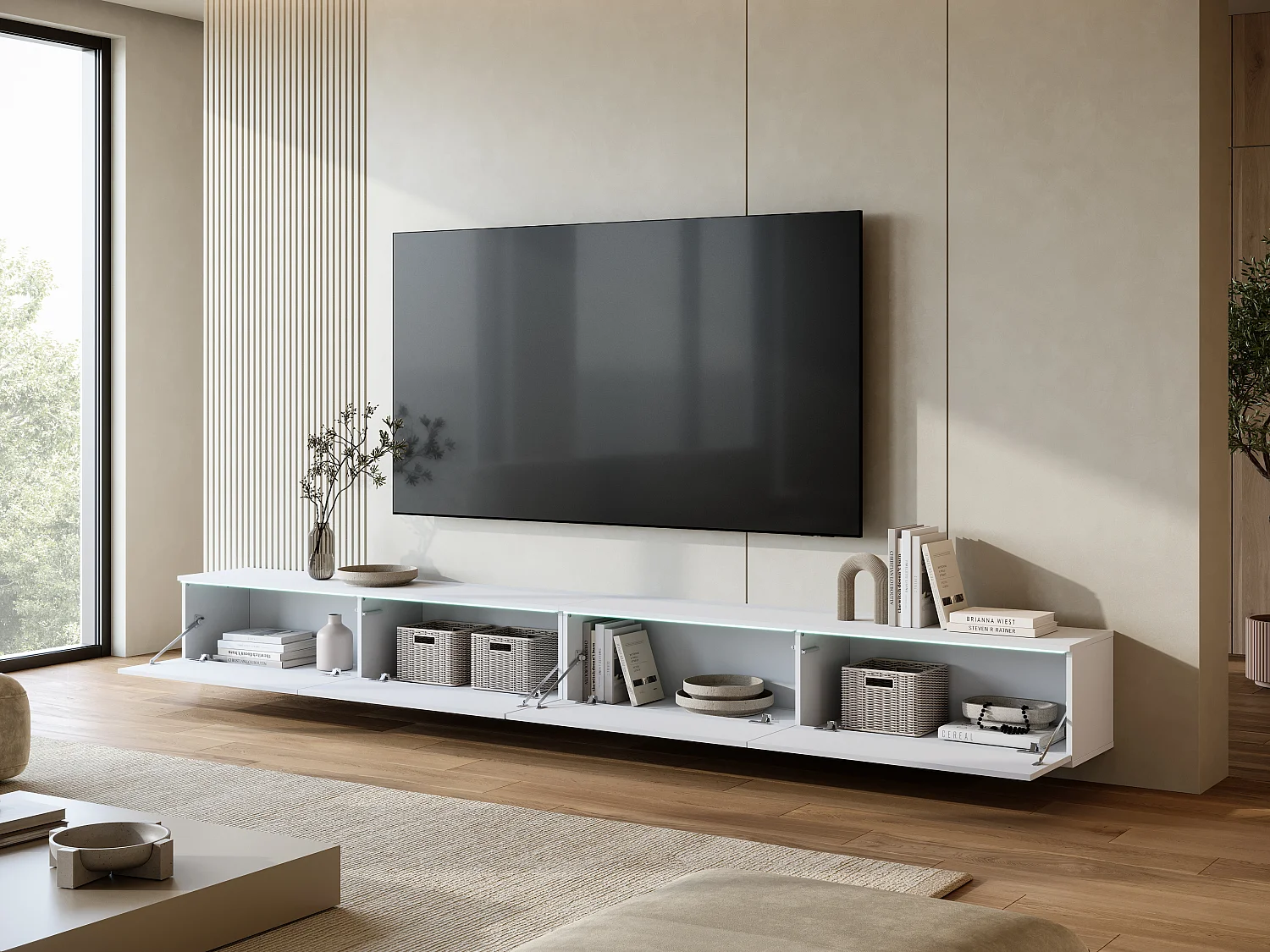 Modernes TV-Lowboard 300 cm mit Beleuchtung Weiß/Weiß Hochglanz