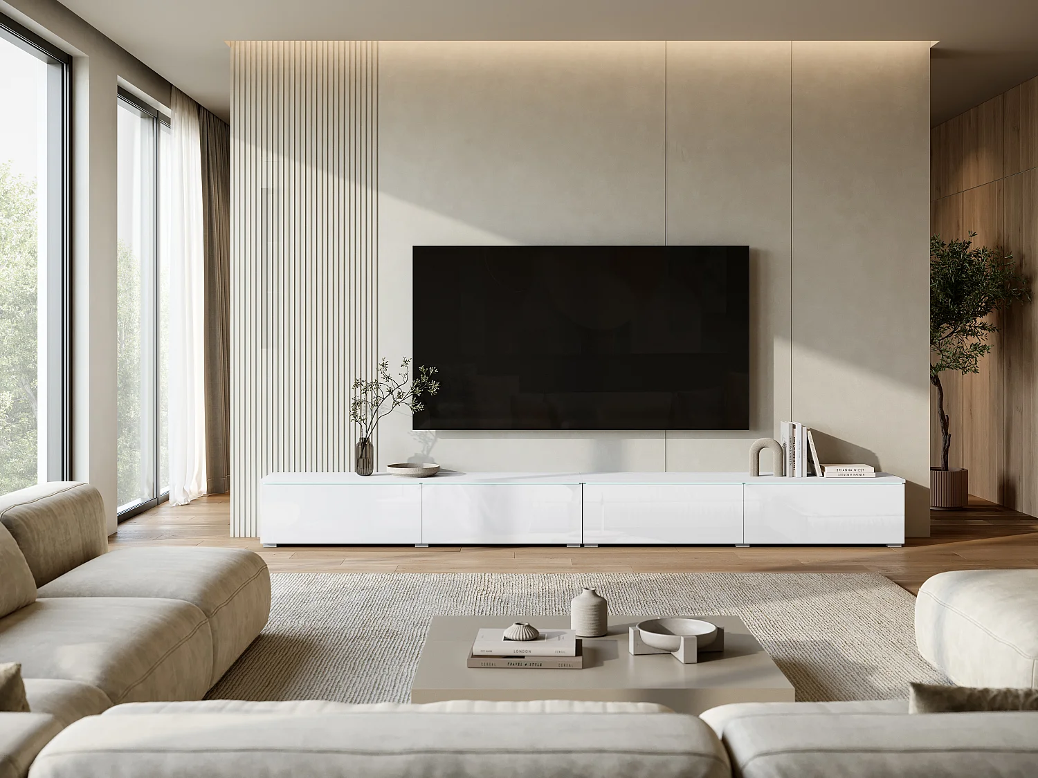 Modernes TV-Lowboard 300 cm mit Beleuchtung Weiß/Weiß Hochglanz