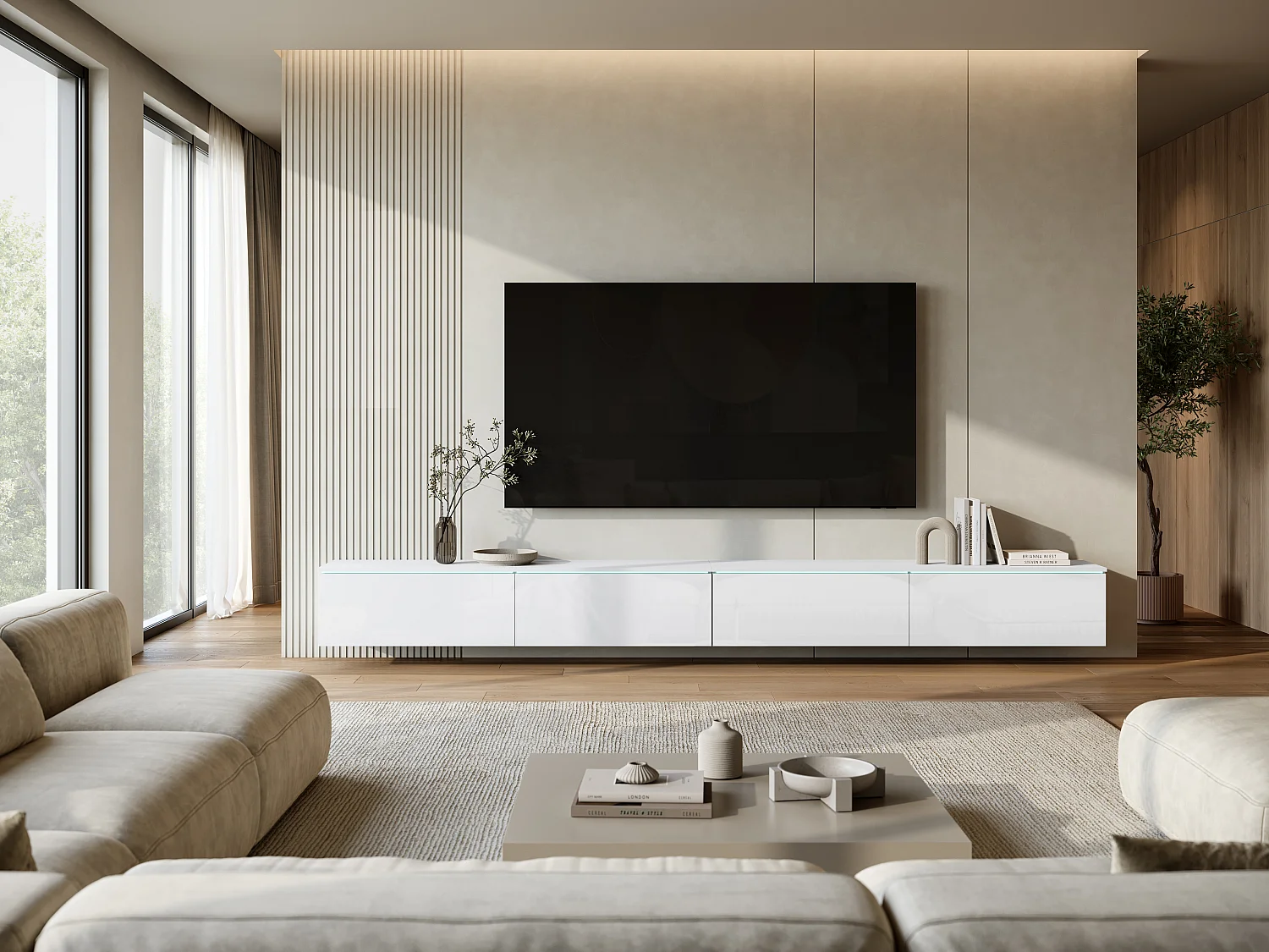 Modernes TV-Lowboard 300 cm mit Beleuchtung Weiß/Weiß Hochglanz