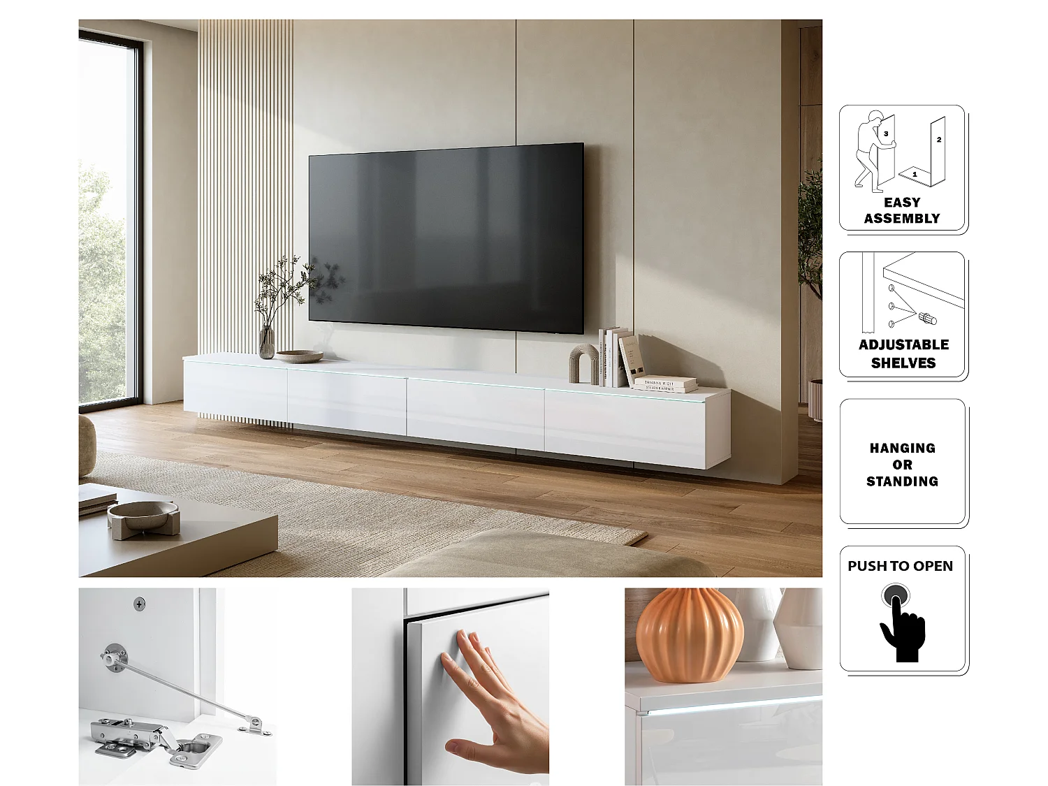 Modernes TV-Lowboard 300 cm mit Beleuchtung Weiß/Weiß Hochglanz