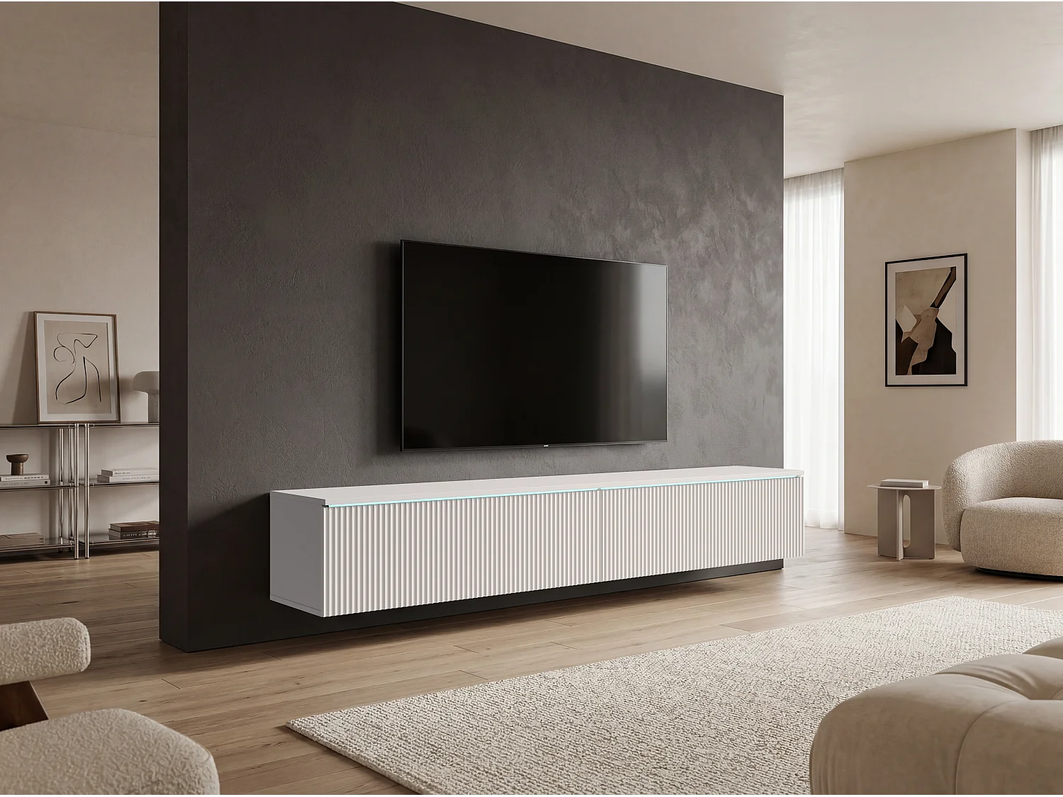 TV-Lowboard 180 cm mit geriffelten Fronten und LED-Beleuchtung, Weiß