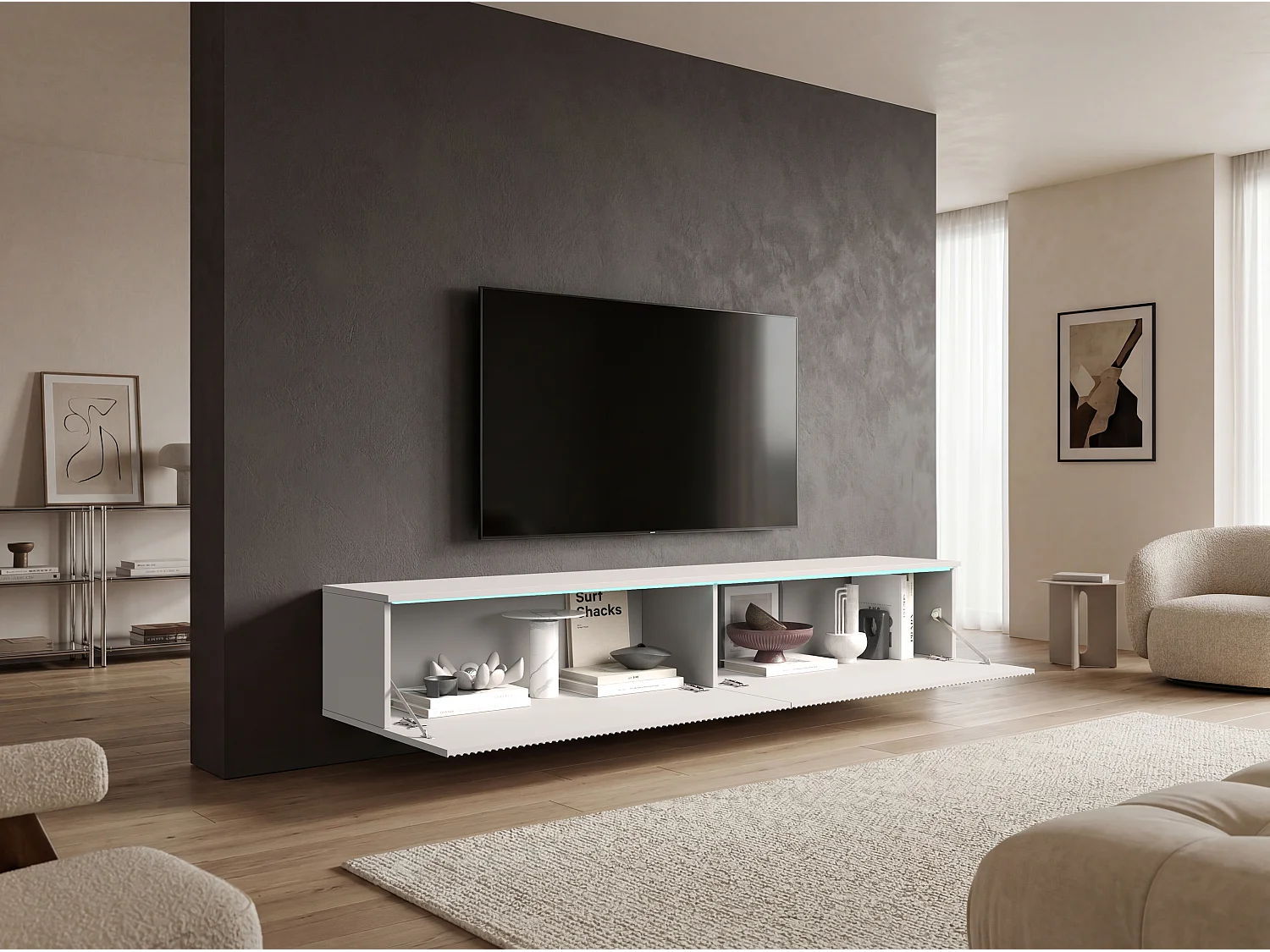 TV-Lowboard 180 cm mit geriffelten Fronten und LED-Beleuchtung, Weiß
