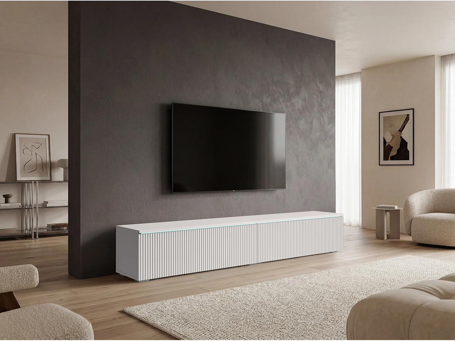 TV-Lowboard 180 cm mit geriffelten Fronten und LED-Beleuchtung, Weiß