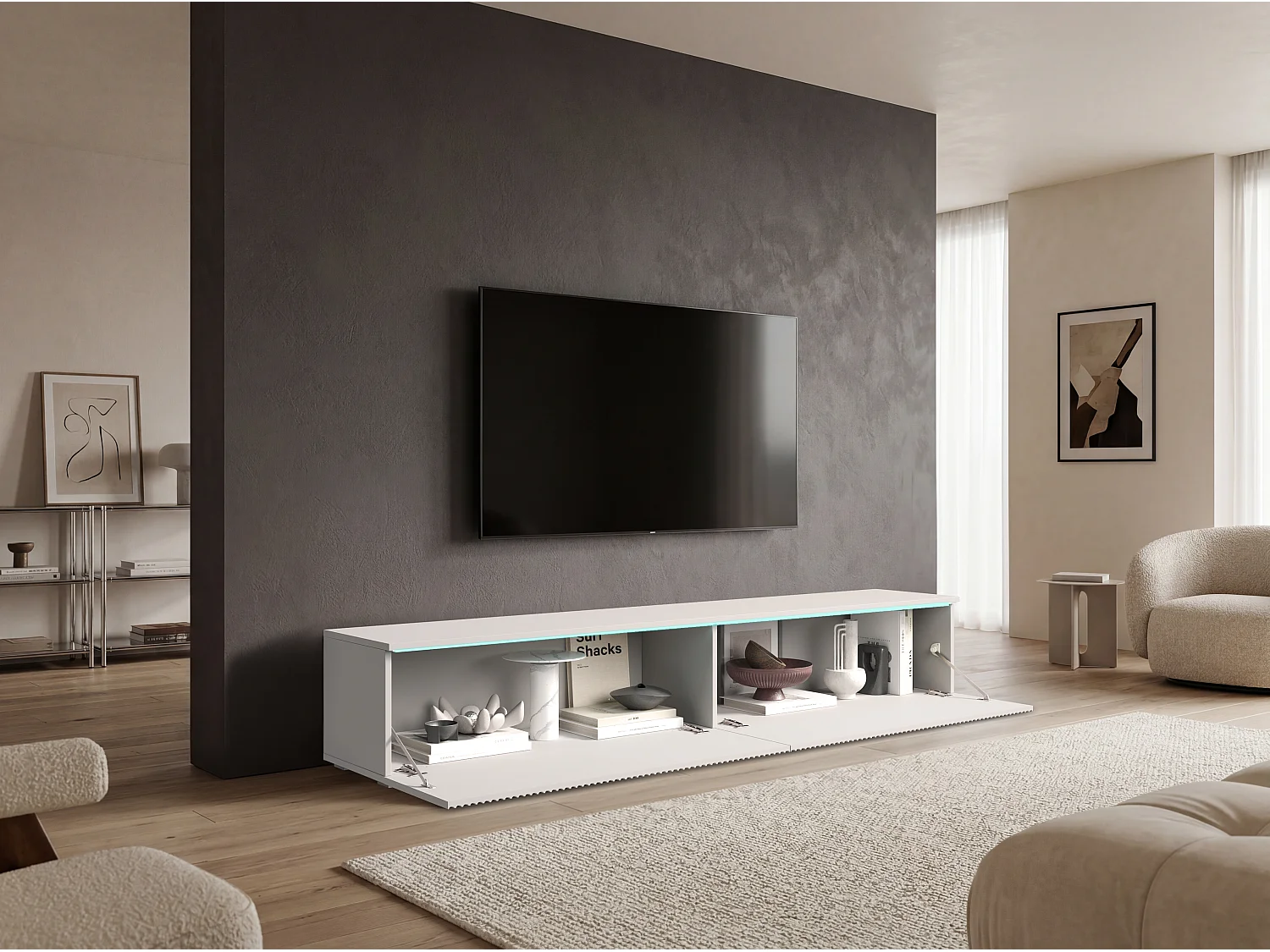 TV-Lowboard 180 cm mit geriffelten Fronten und LED-Beleuchtung, Weiß