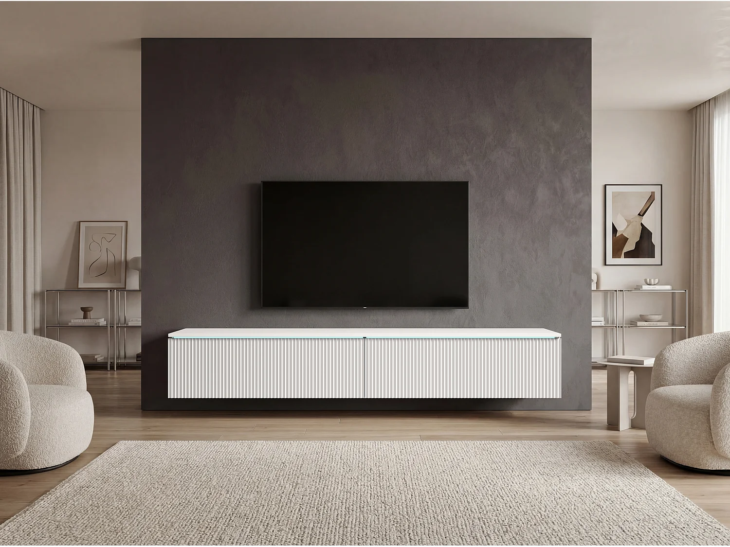 TV-Lowboard 180 cm mit geriffelten Fronten und LED-Beleuchtung, Weiß