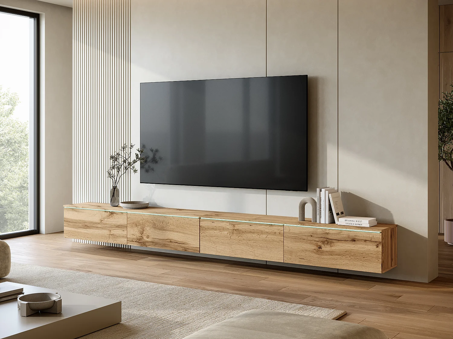 Modernes TV-Lowboard 300 cm mit LED-Beleuchtung Eiche Wotan
