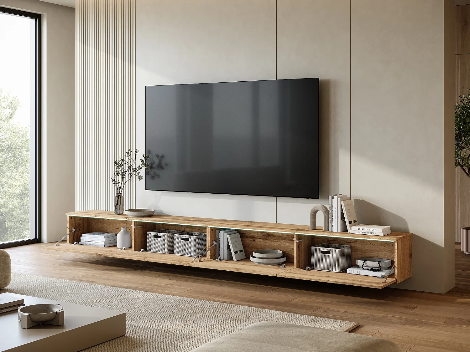 Modernes TV-Lowboard 300 cm mit LED-Beleuchtung Eiche Wotan