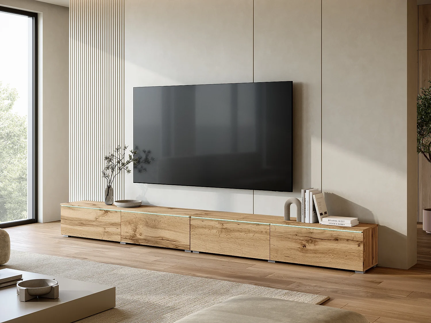 Modernes TV-Lowboard 300 cm mit LED-Beleuchtung Eiche Wotan