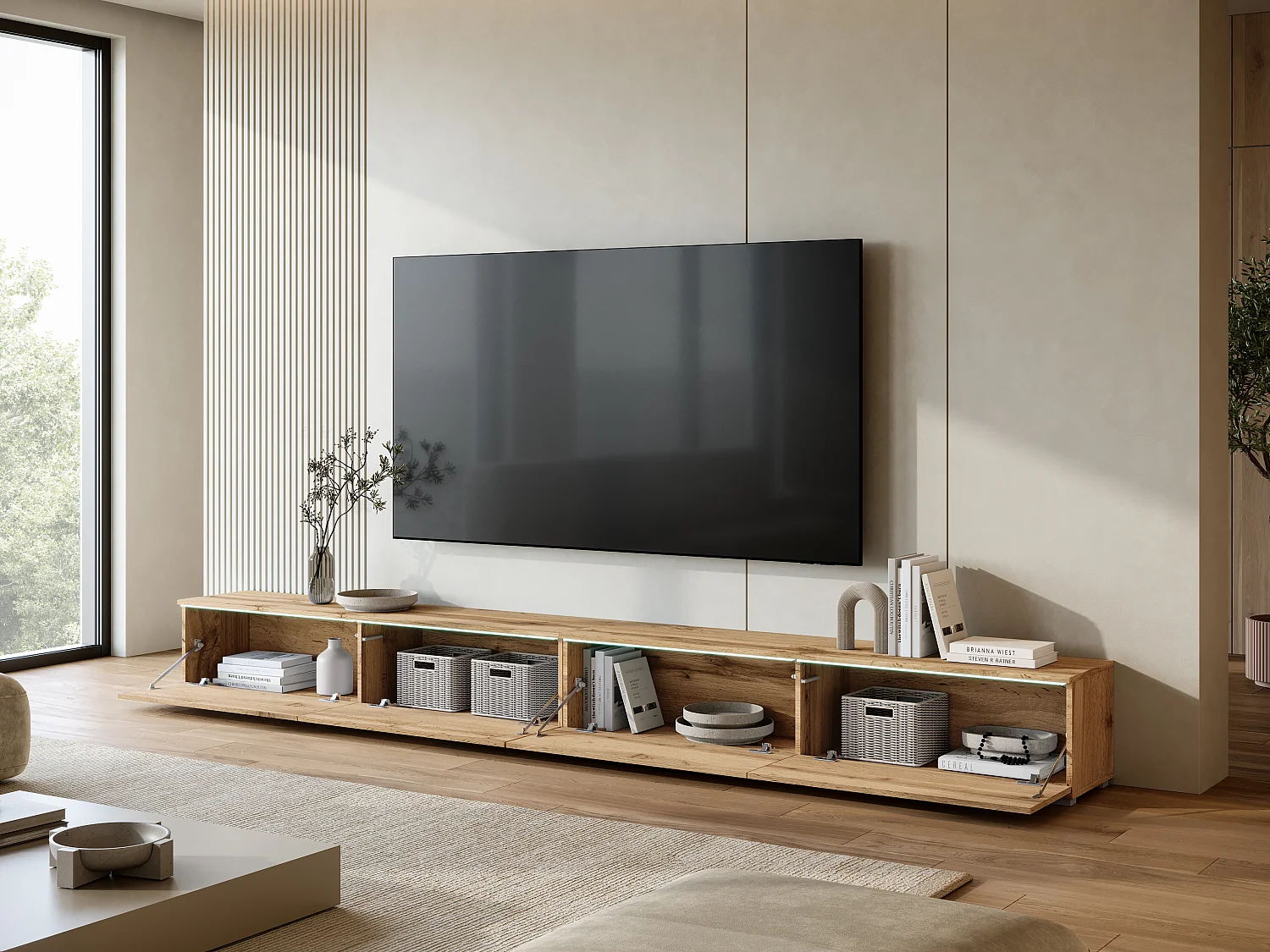 Modernes TV-Lowboard 300 cm mit LED-Beleuchtung Eiche Wotan