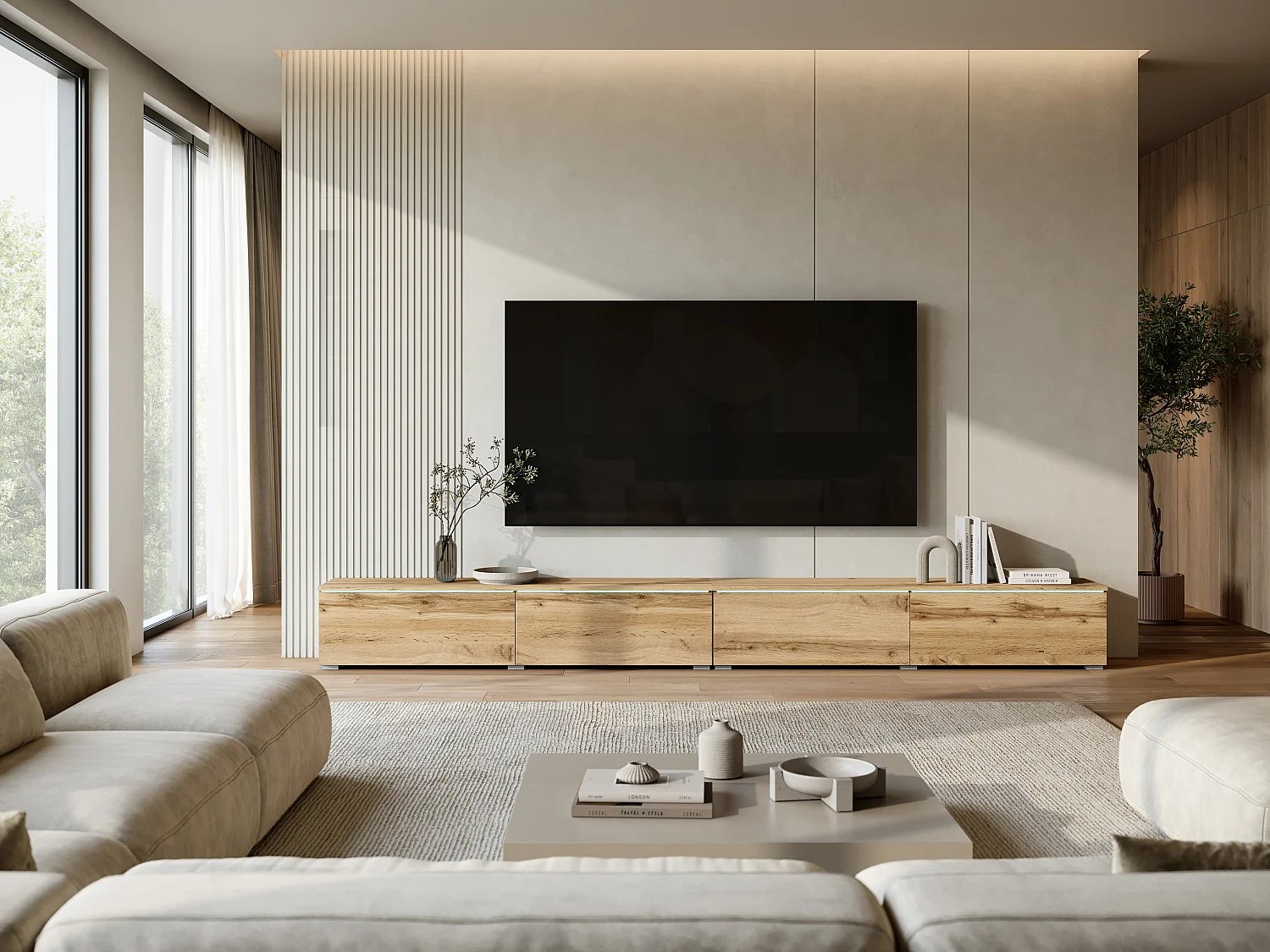 Modernes TV-Lowboard 300 cm mit LED-Beleuchtung Eiche Wotan