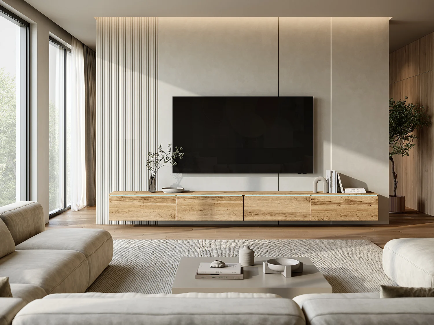 Modernes TV-Lowboard 300 cm mit LED-Beleuchtung Eiche Wotan