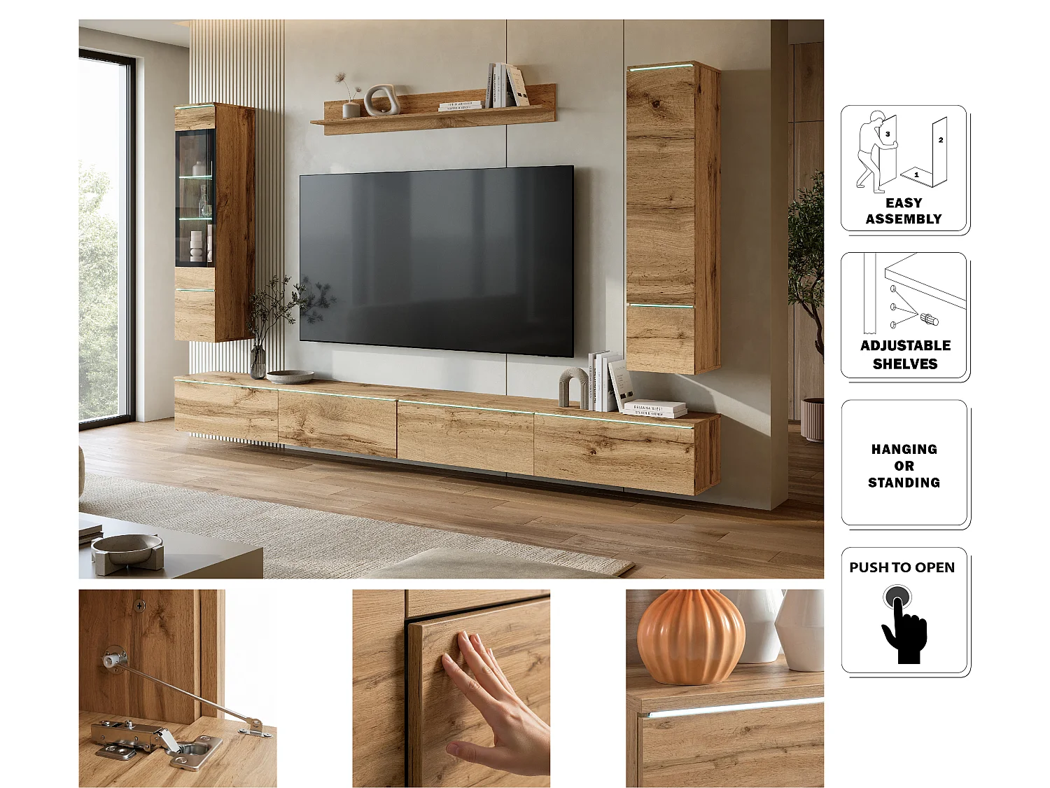 Modernes TV-Lowboard 300 cm mit LED-Beleuchtung Eiche Wotan