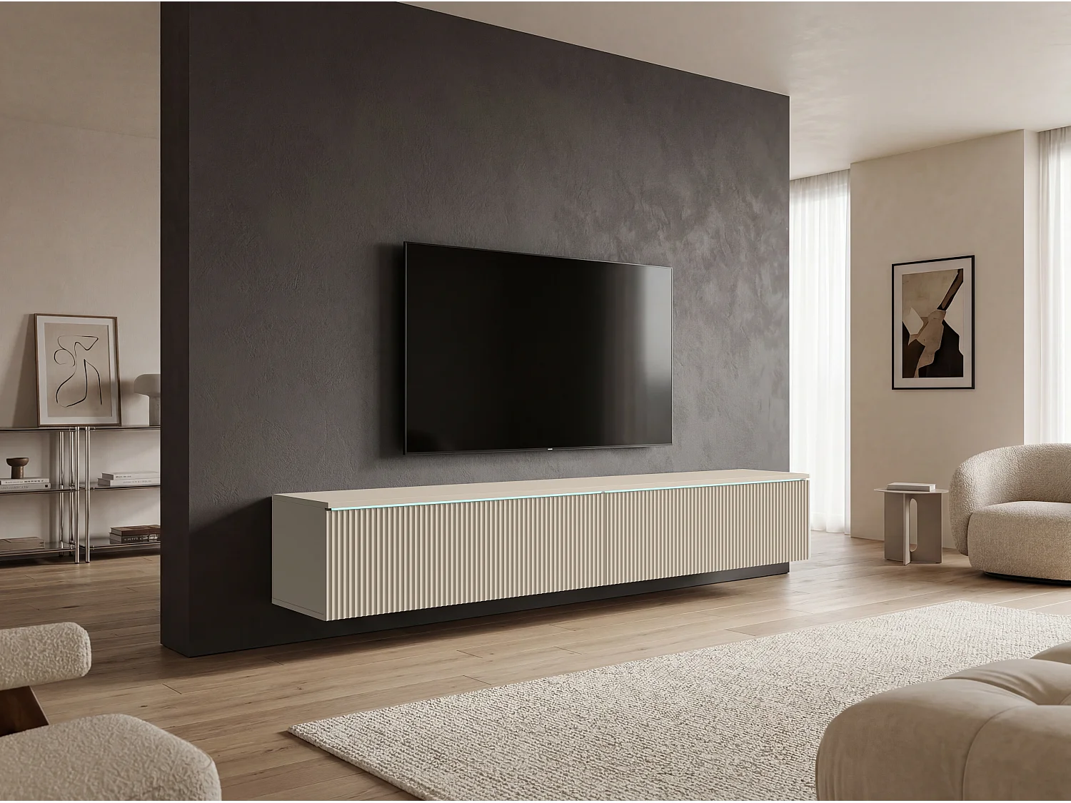 TV-bänk 180 cm med räfflade fronter och LED-belysning, kashmir