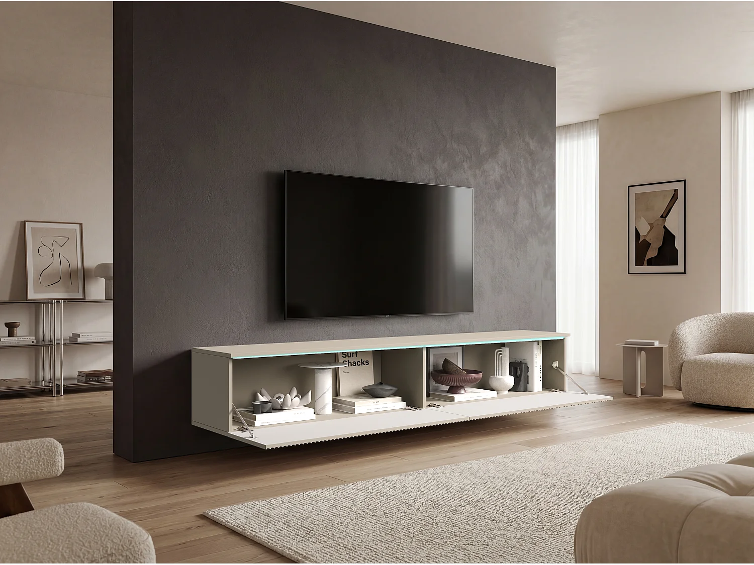 TV-bänk 180 cm med räfflade fronter och LED-belysning, kashmir