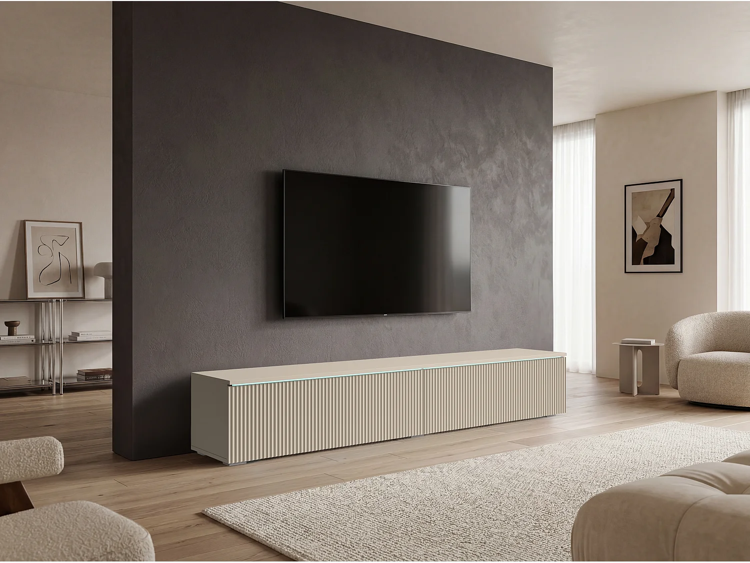 TV-bänk 180 cm med räfflade fronter och LED-belysning, kashmir