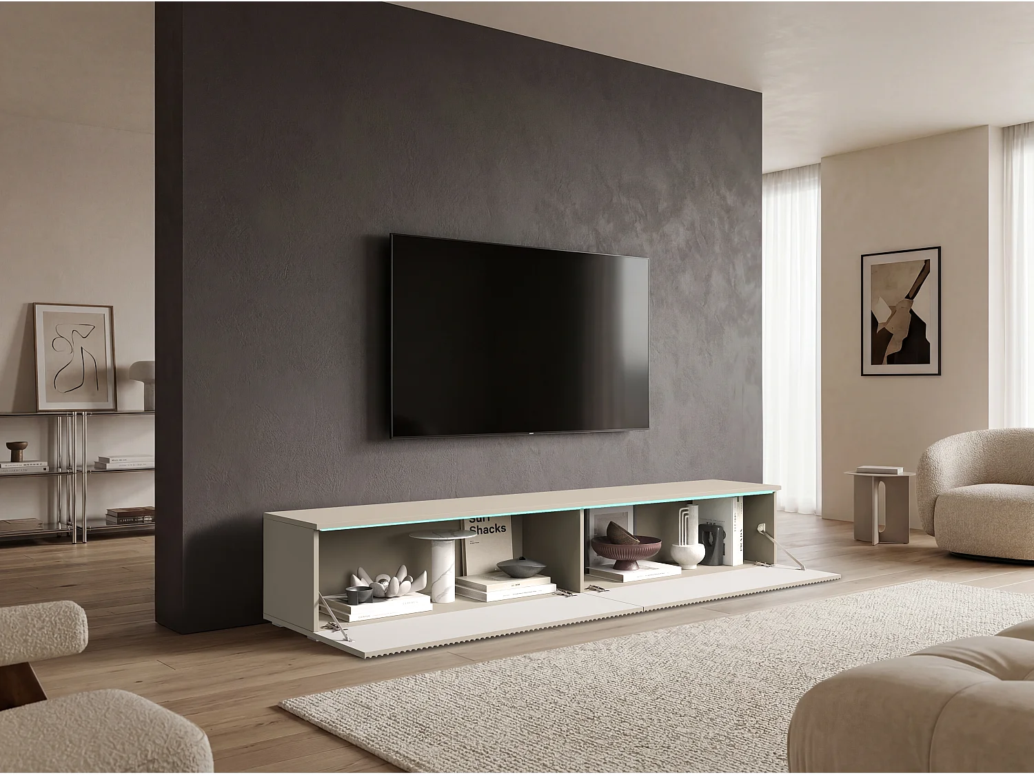 TV-bänk 180 cm med räfflade fronter och LED-belysning, kashmir