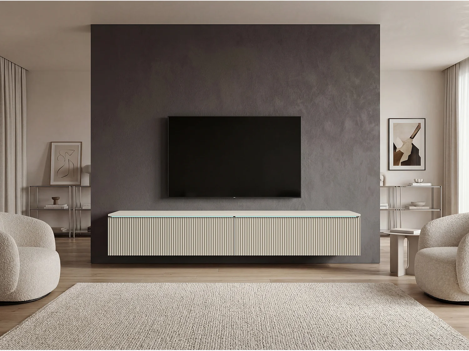 TV-bänk 180 cm med räfflade fronter och LED-belysning, kashmir