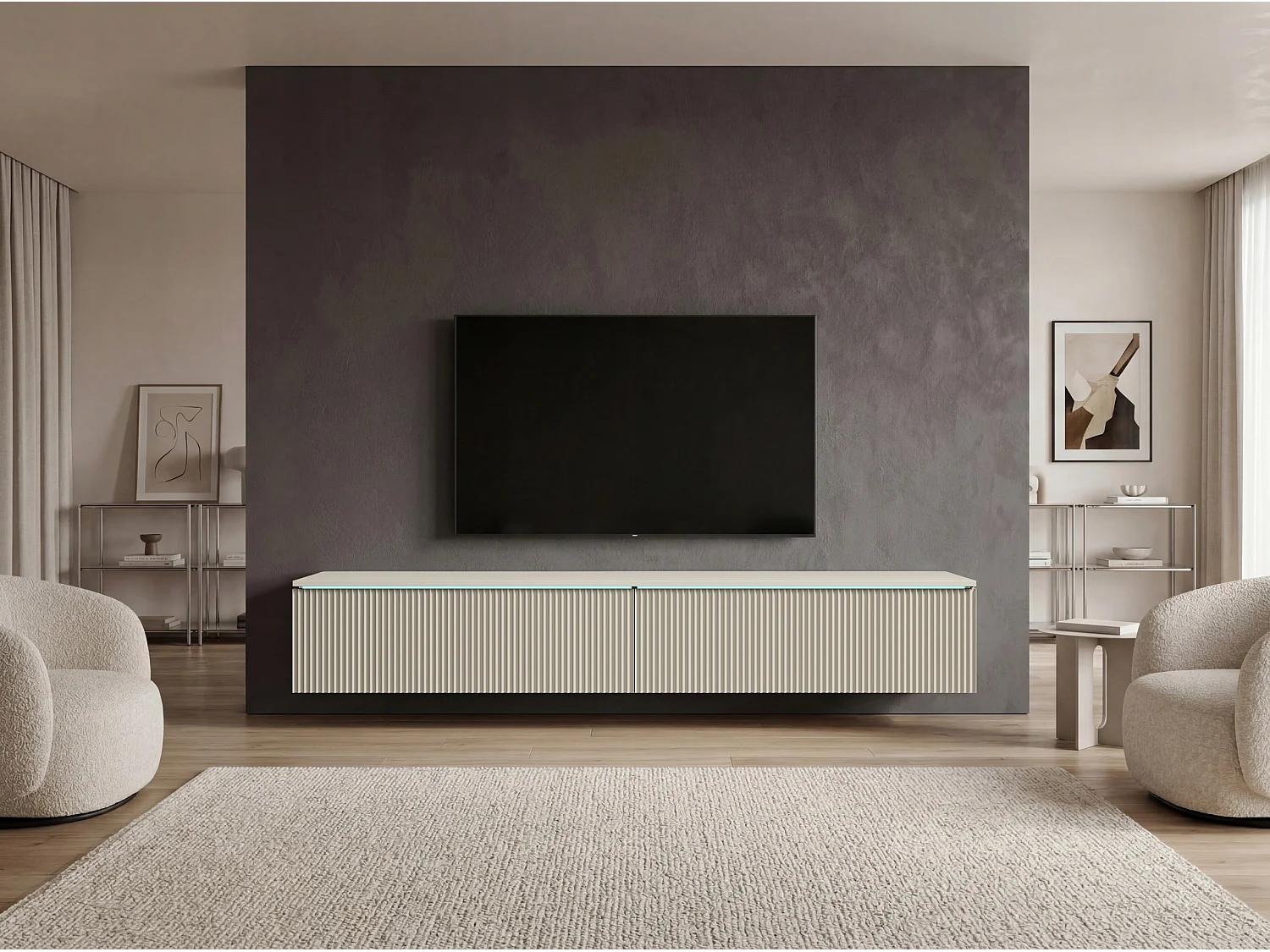 TV-bänk 180 cm med räfflade fronter och LED-belysning, kashmir