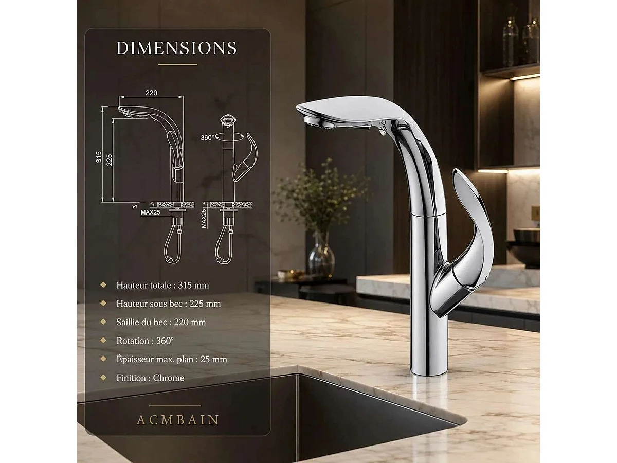 Mitigeur de cuisine surélevé chrome, Musle