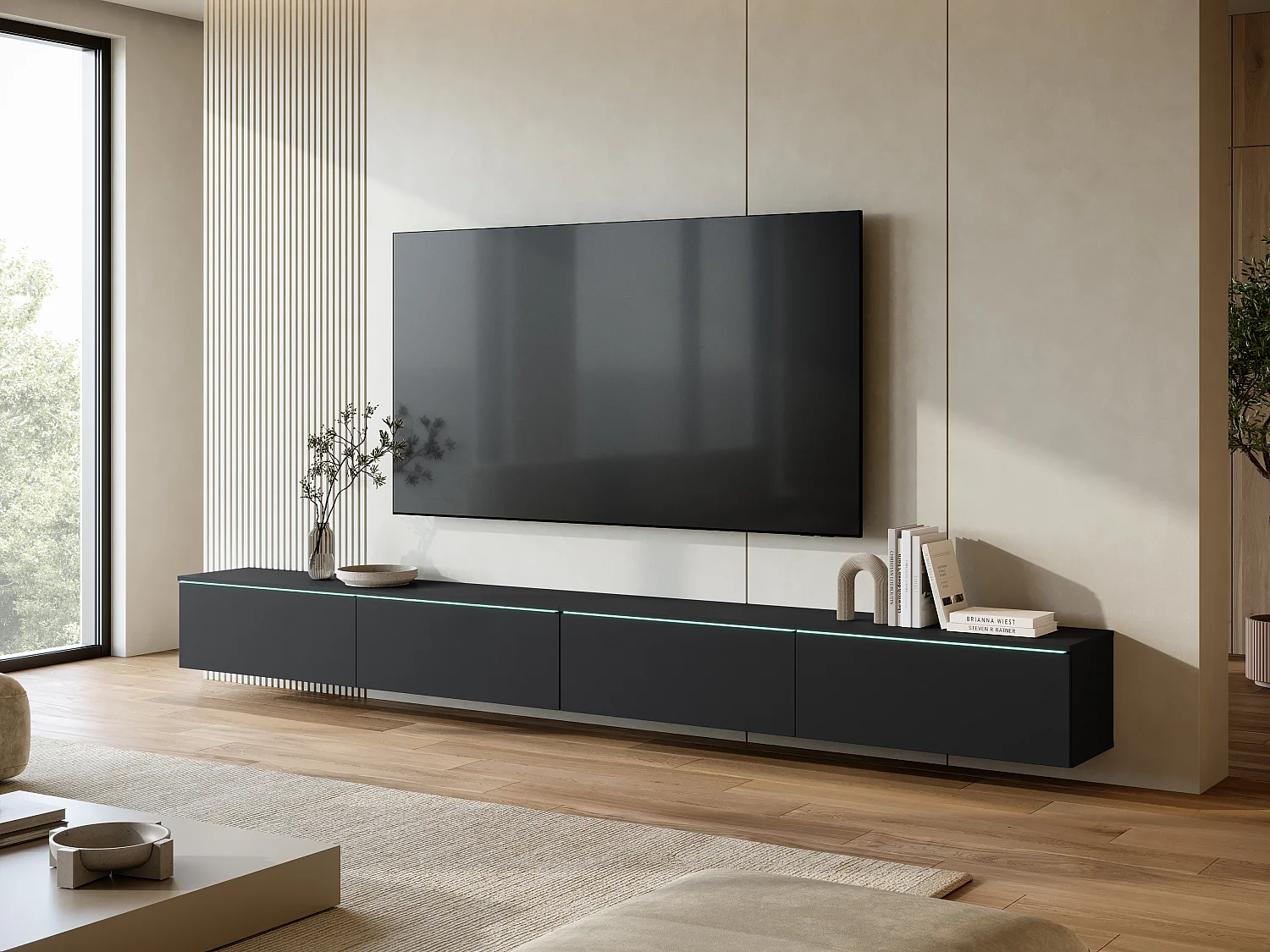 Meuble TV moderne 300 cm pour salon avec éclairage LED noir mat
