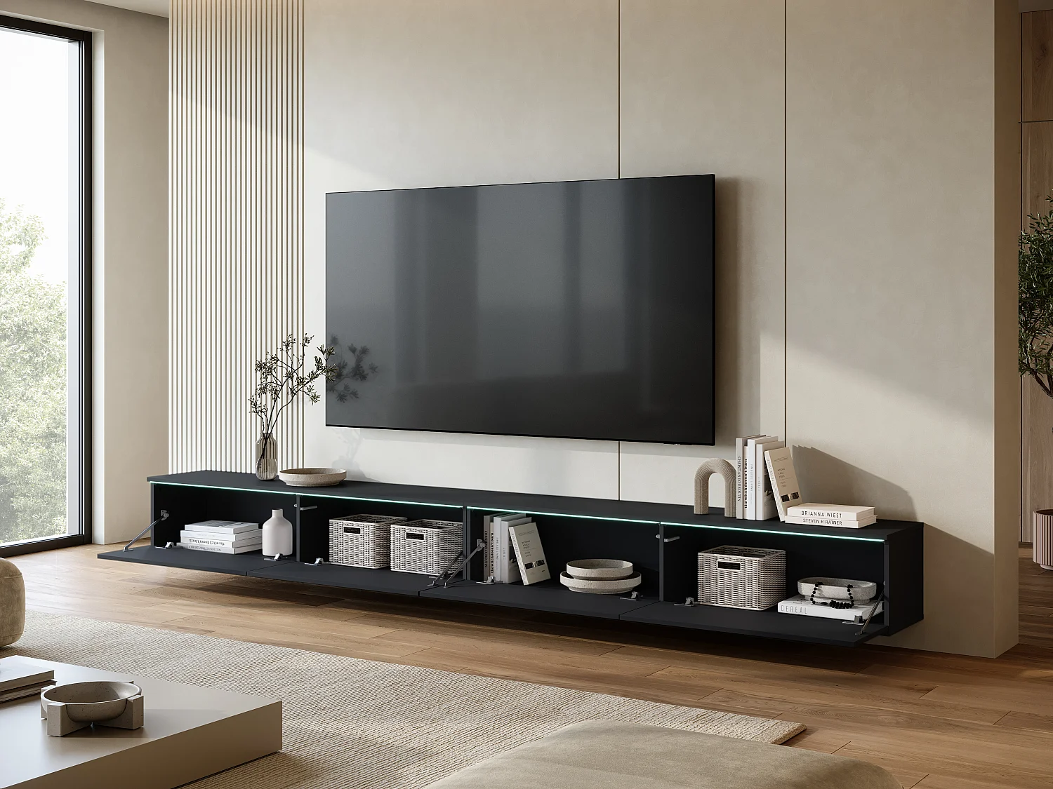 Meuble TV moderne 300 cm pour salon avec éclairage LED noir mat