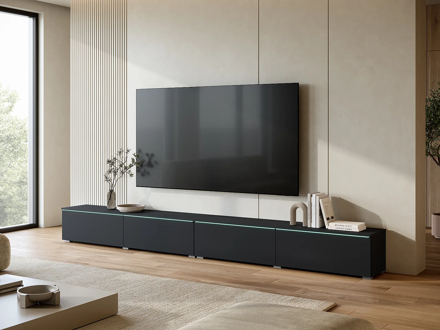 Meuble TV moderne 300 cm pour salon avec éclairage LED noir mat