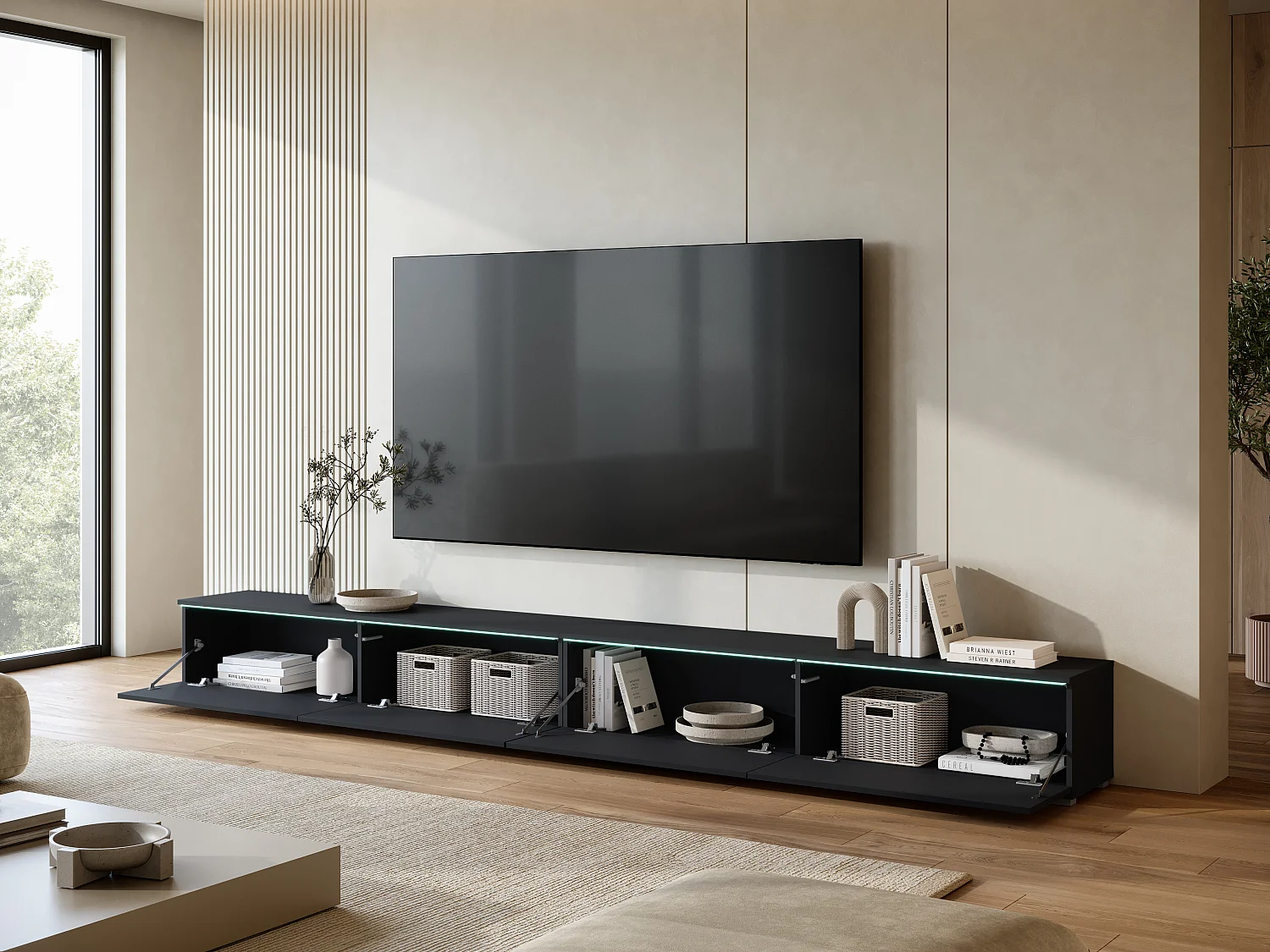 Meuble TV moderne 300 cm pour salon avec éclairage LED noir mat