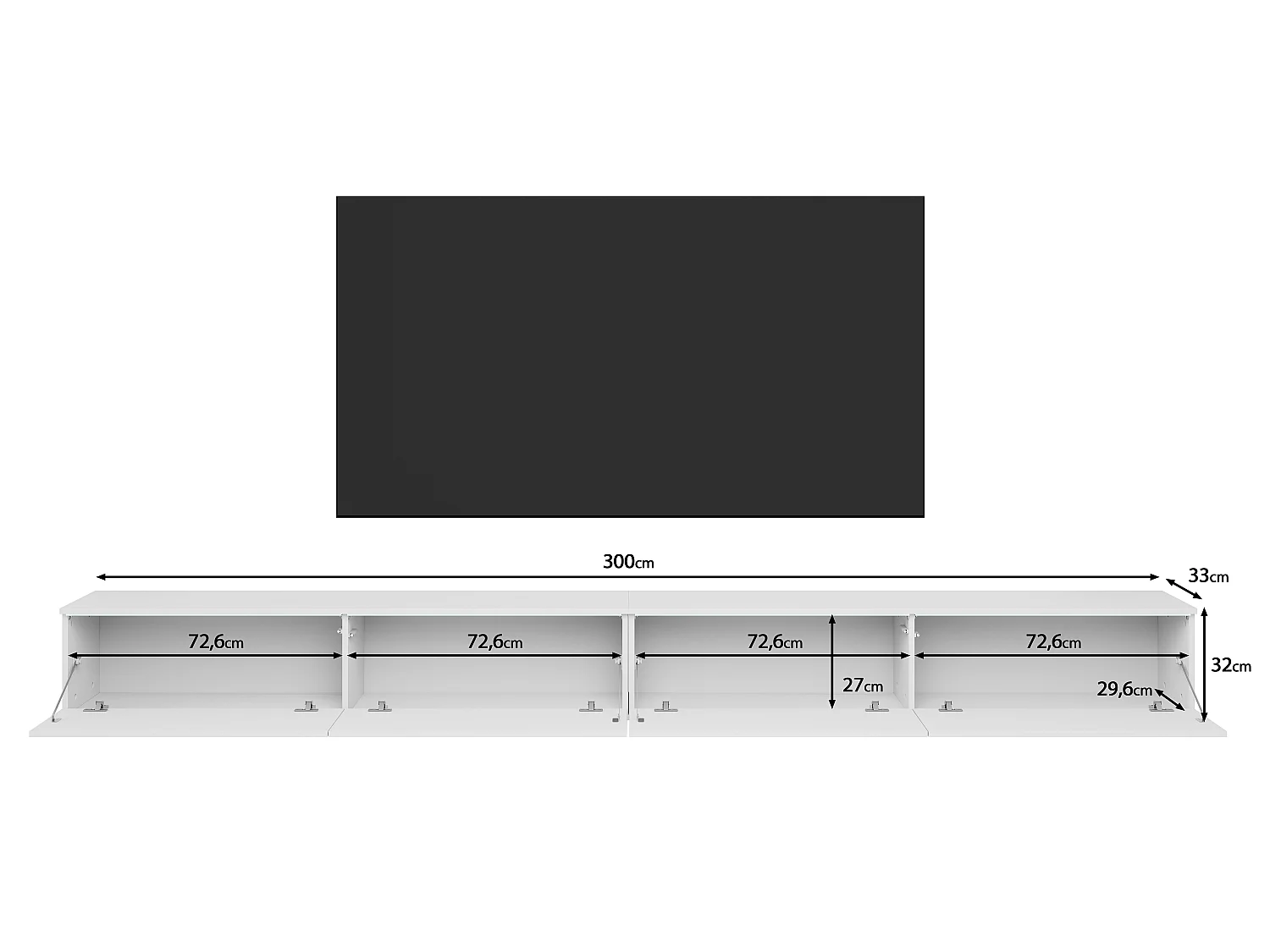 Meuble TV moderne 300 cm pour salon avec éclairage LED noir mat