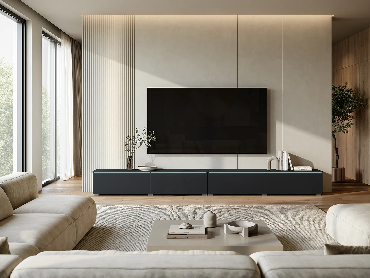 Meuble TV moderne 300 cm pour salon avec éclairage LED noir mat