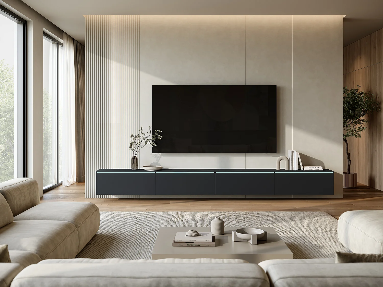 Meuble TV moderne 300 cm pour salon avec éclairage LED noir mat