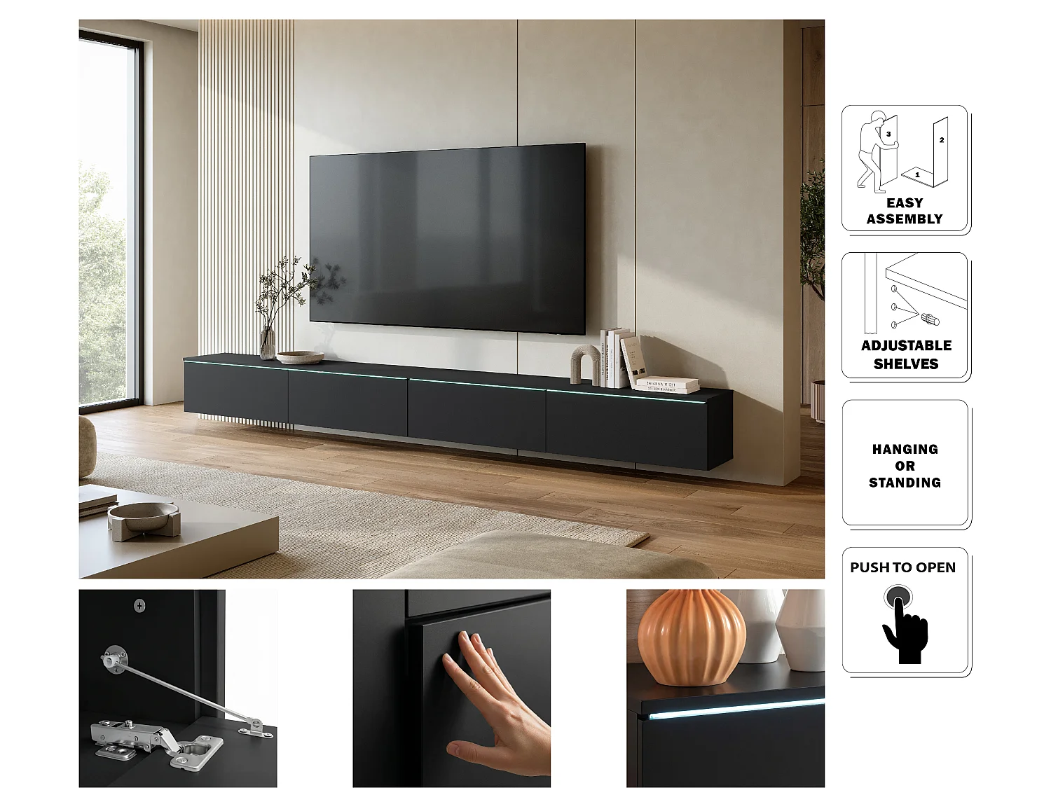 Meuble TV moderne 300 cm pour salon avec éclairage LED noir mat