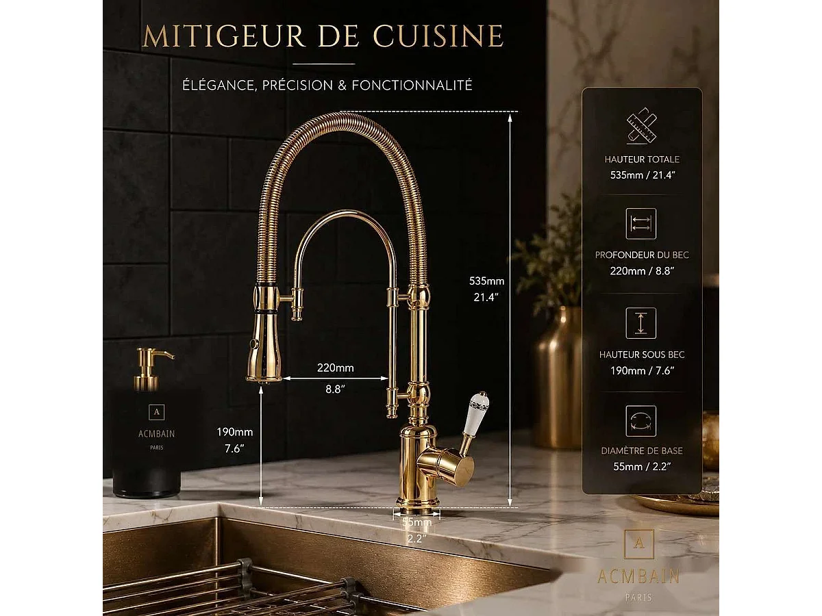 Robinet mitigeur évier cuisine style rétro doré, Spin